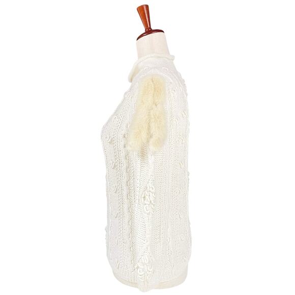 JENNIFER REED Vintage Hand Knit White Sweater w Real Fur Shoulder Accents Size S - Picture 4 of 11